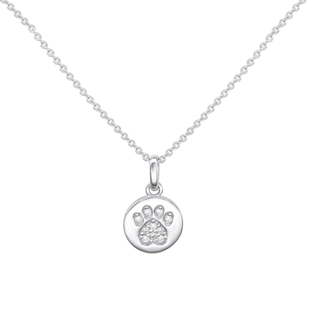 Sterling Silver CZ Paw Print Disc Necklace