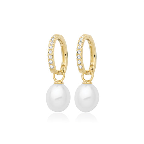 9ct Yellow Gold CZ Pearl Drop Hoops