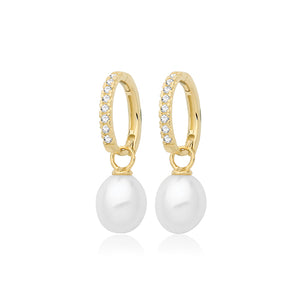 9ct Yellow Gold CZ Pearl Drop Hoops