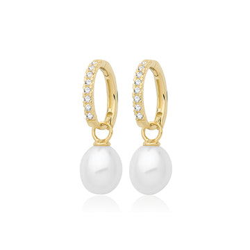 9ct Yellow Gold CZ Pearl Drop Hoops