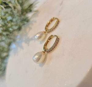 9ct Yellow Gold CZ Pearl Drop Hoops