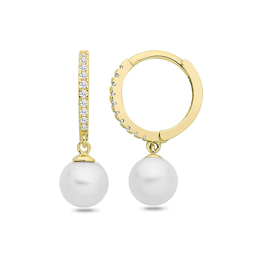 9ct Yellow Gold Freshwater Pearl & CZ Drop Huggie Hoop Earrings