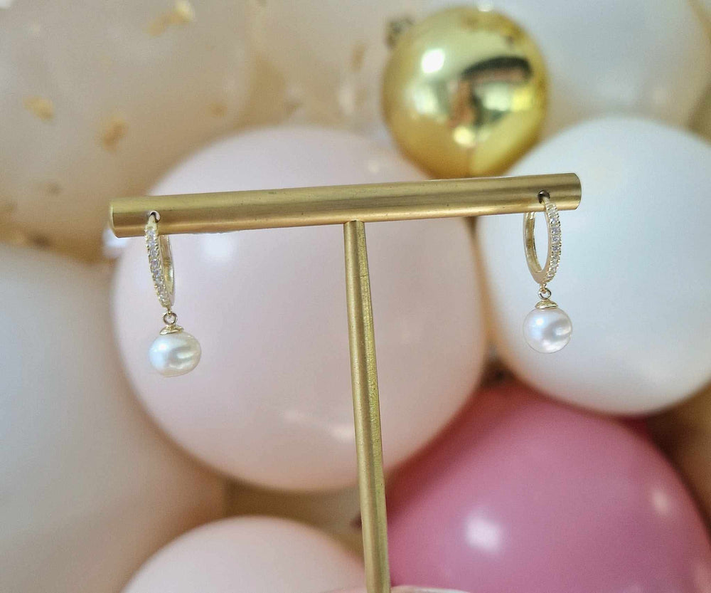 9ct Yellow Gold Freshwater Pearl & CZ Drop Huggie Hoop Earrings