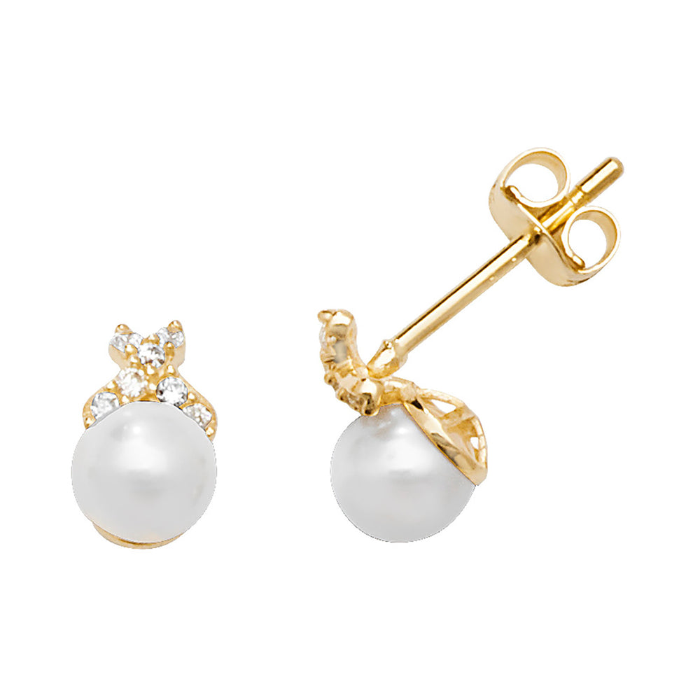 9ct Yellow Gold Pearl & CZ Stud Earrings