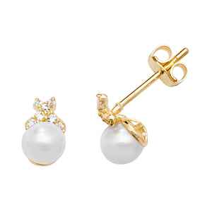 9ct Yellow Gold Pearl & CZ Stud Earrings