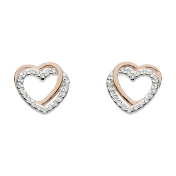 Entwined Heart Rose & Silver CZ Stud Earrings