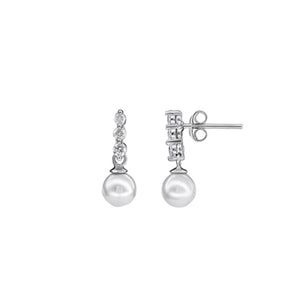 Sterling Silver 6mm Shell Pearl Triple CZ Stud Drop Earrings