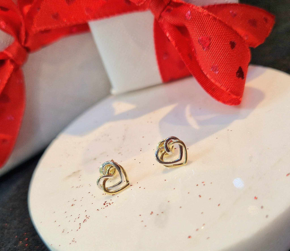 9ct Yellow and White Gold Interlocking Heart Stud Earrings