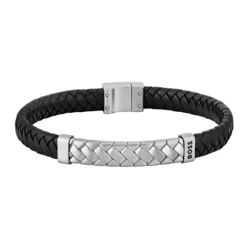 Boss | Black/Silver Tailored Herringbone Leather Bracelet