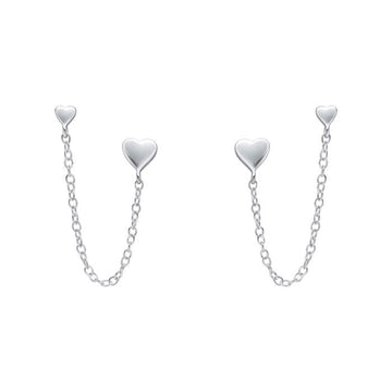 Sterling Silver Heart Chain Connector Double Stud Earrings