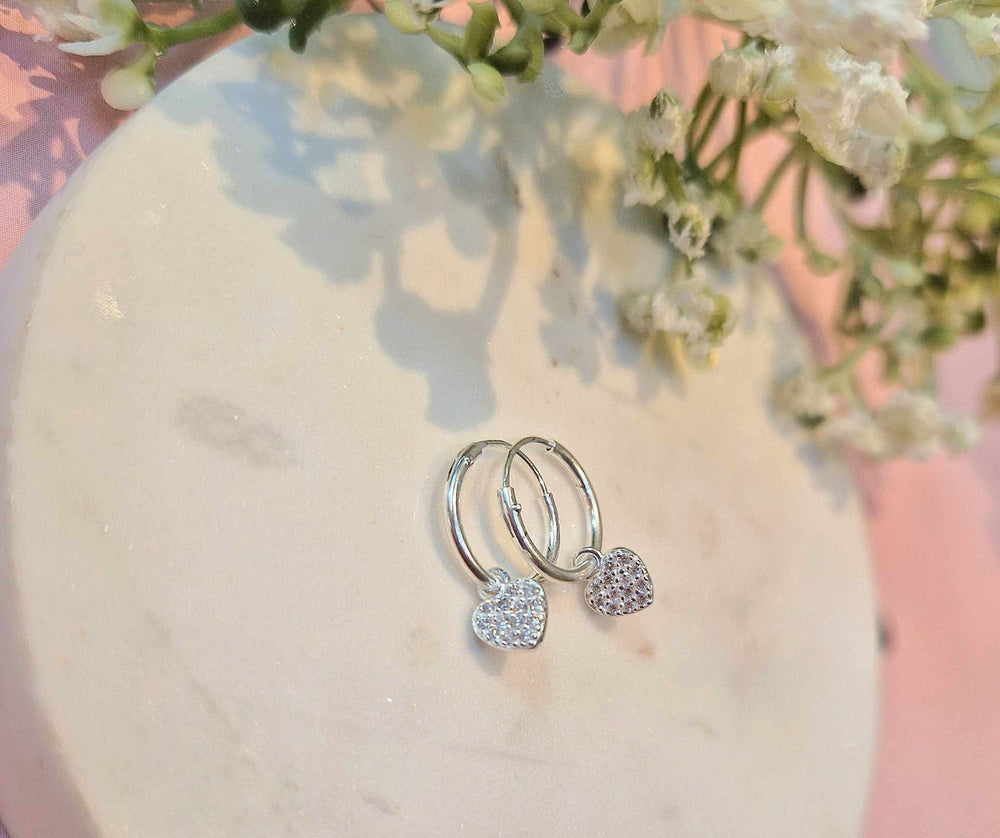 Sterling Silver Heart CZ 12mm Sleeper Hoop Earrings