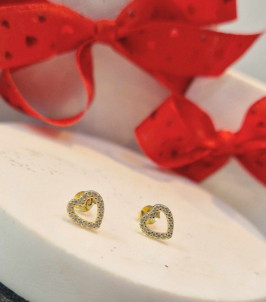 Golden Pavé CZ Heart Outline Stud Earrings