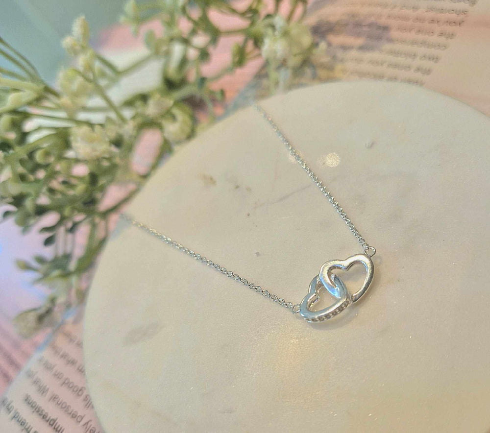 Sterling Silver Double Linked CZ Heart Necklace