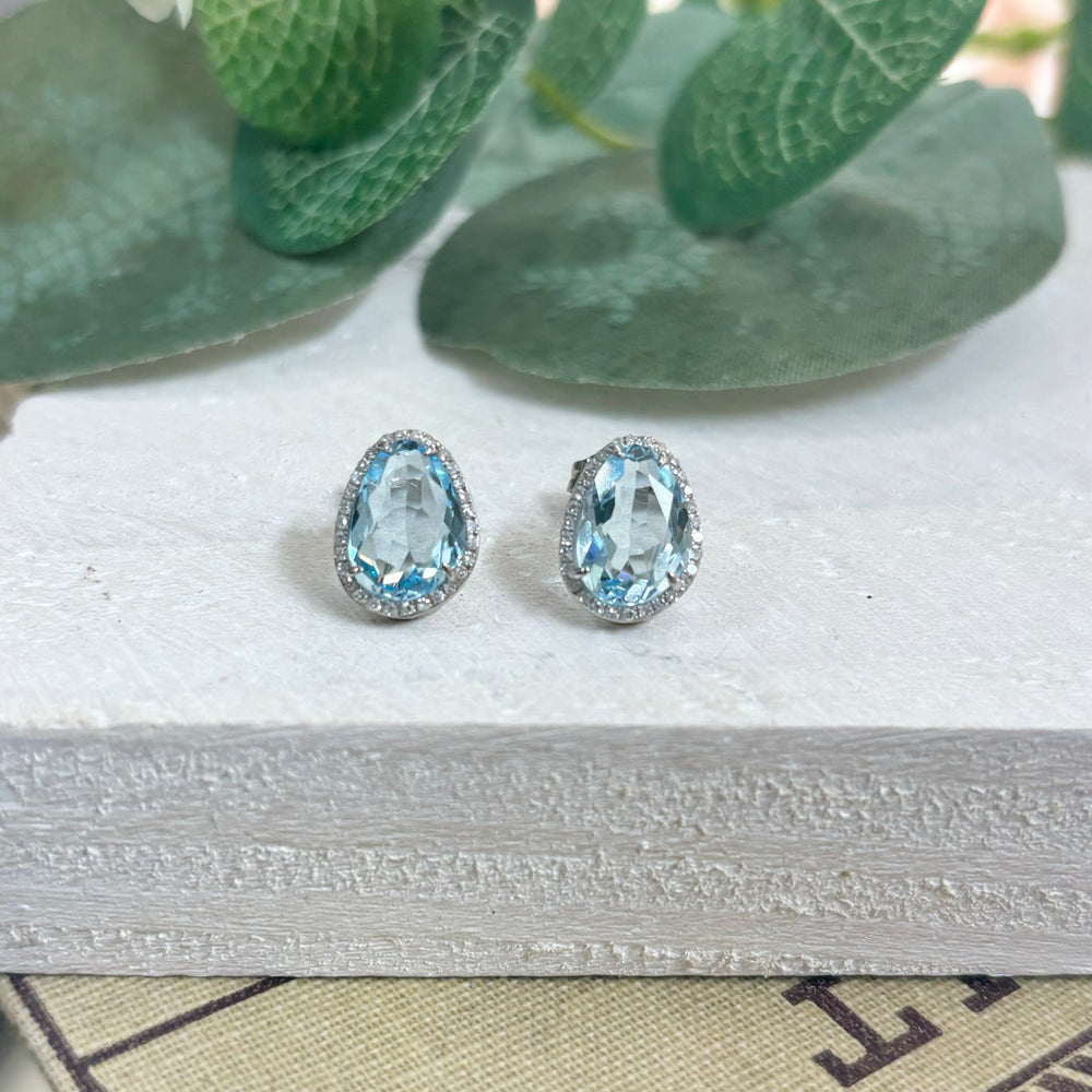 9ct White Gold, Blue Topaz and Diamond Stud Earrings