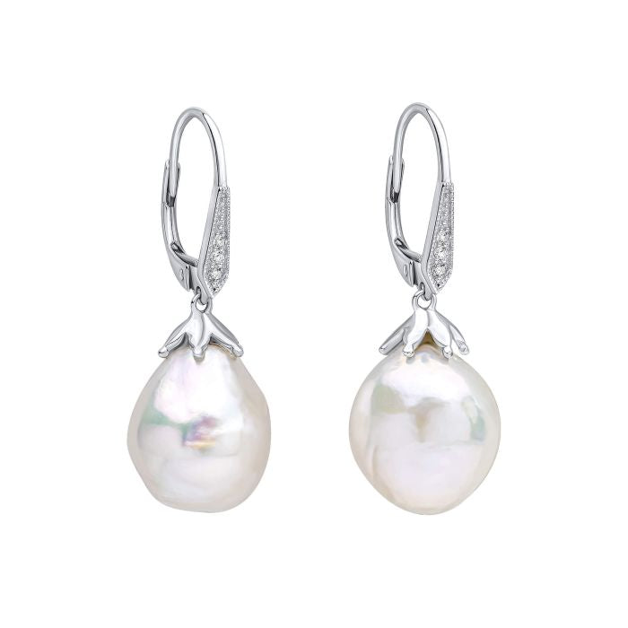9ct White Gold Baroque Pearl and White Topaz Drop Earrings