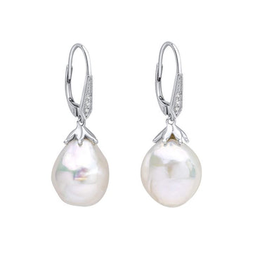9ct White Gold Baroque Pearl and White Topaz Drop Earrings