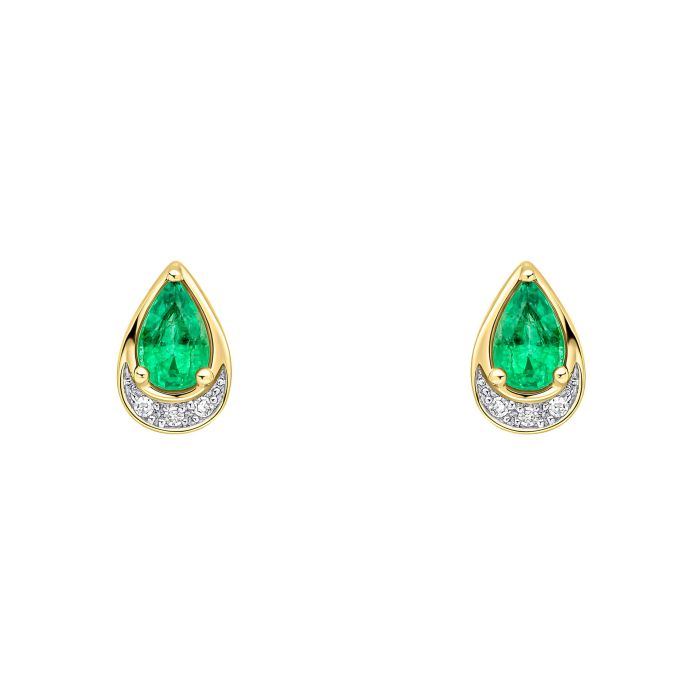9ct Yellow Gold Teardrop Emerald and Diamond Stud Earrings