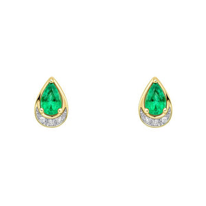 9ct Yellow Gold Teardrop Emerald and Diamond Stud Earrings