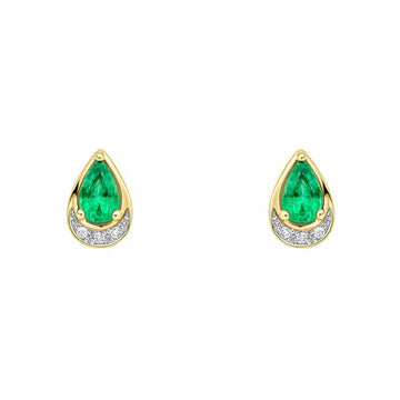 9ct Yellow Gold Teardrop Emerald and Diamond Stud Earrings