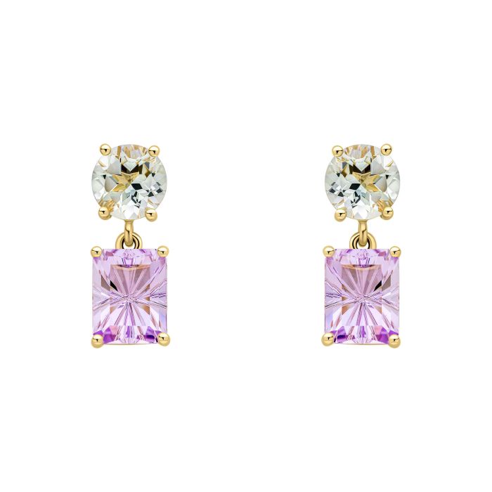 9ct Yellow Gold Toi Et Moi Quartz and Amethyst Drop Earrings