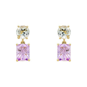 9ct Yellow Gold Toi Et Moi Quartz and Amethyst Drop Earrings