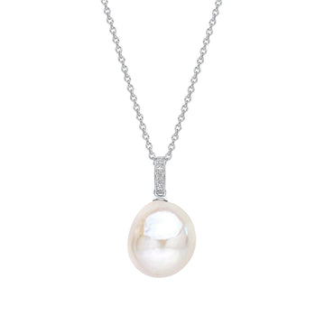 9ct White Gold Oversized Baroque Pearl and White Topaz Pendant and Chain