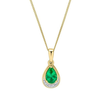 9ct Yellow Gold Teardrop Emerald and Diamond Pendant with Chain