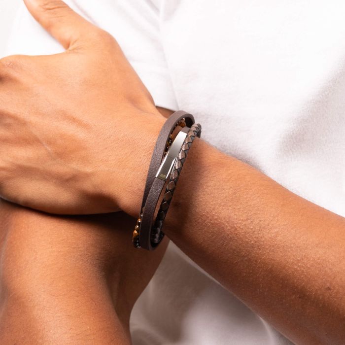 Fred Bennett | Multi Row Brown Leather and Tigers Eye Bracelet with ID Bar