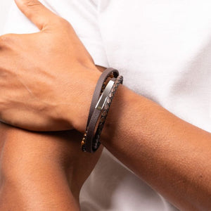 Fred Bennett | Multi Row Brown Leather and Tigers Eye Bracelet with ID Bar