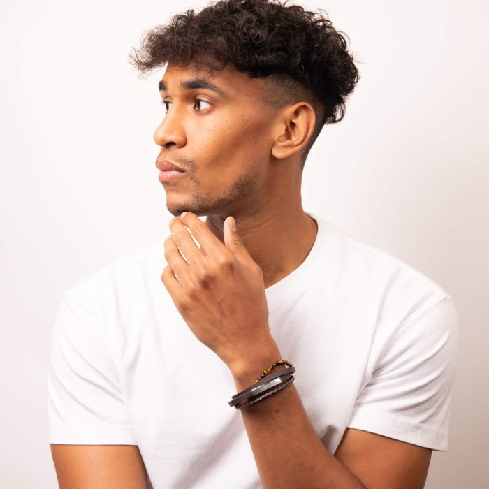 Fred Bennett | Multi Row Brown Leather and Tigers Eye Bracelet with ID Bar