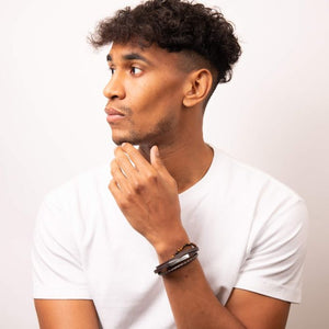 Fred Bennett | Multi Row Brown Leather and Tigers Eye Bracelet with ID Bar