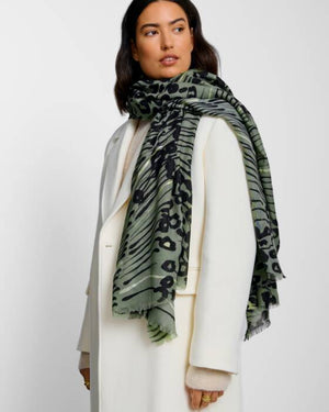 Katie Loxton | Abstract Animal Print Khaki, Black & Silver Foil Scarf
