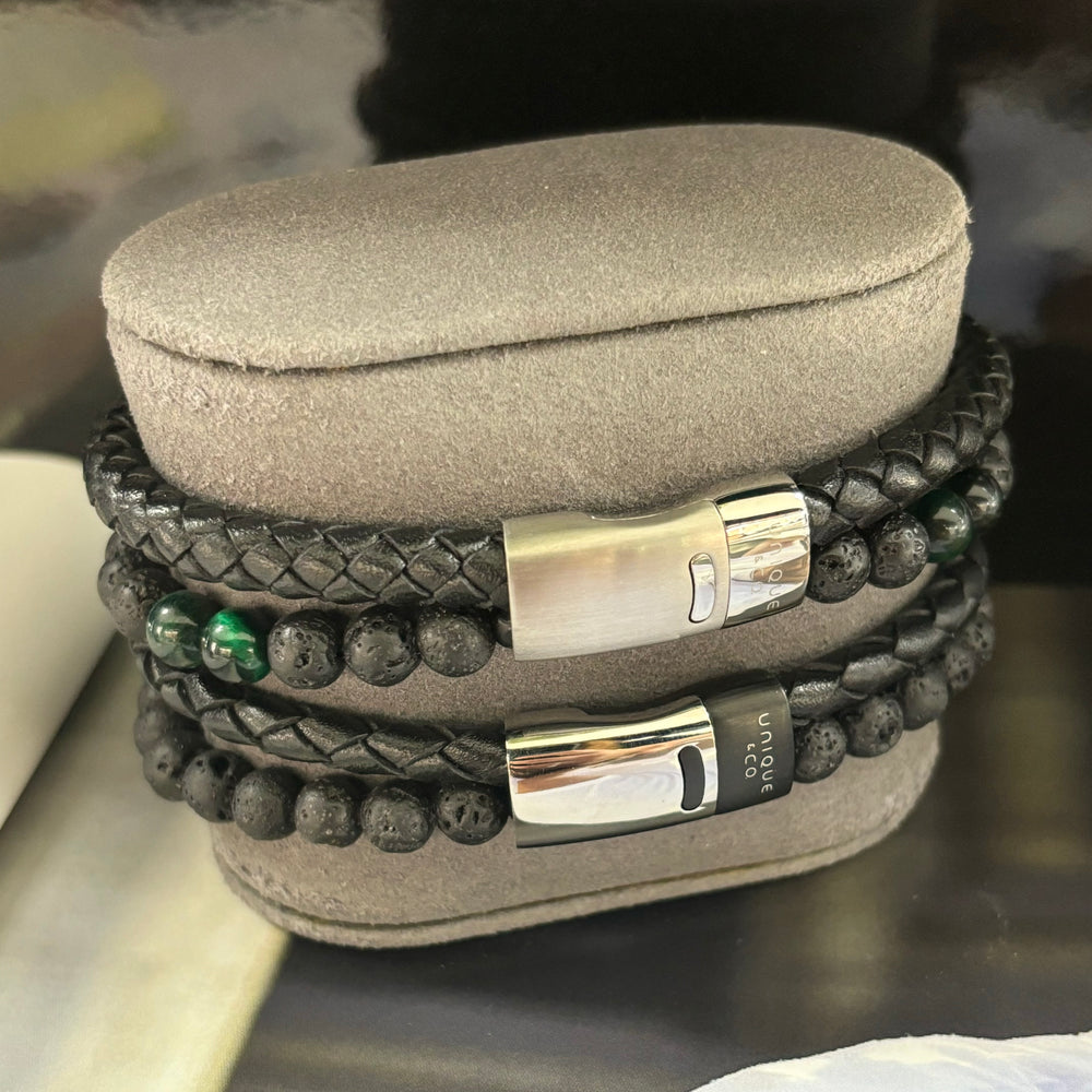 Unique & Co | Black Leather, Lava Stones and Malachite Beads Double Bracelet