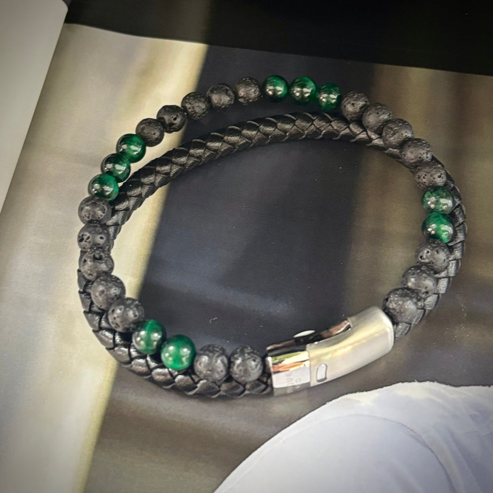 Unique & Co | Black Leather, Lava Stones and Malachite Beads Double Bracelet