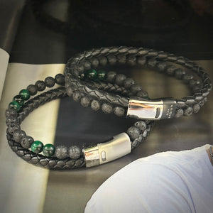 Unique & Co | Black Leather, Lava Stones and Malachite Beads Double Bracelet