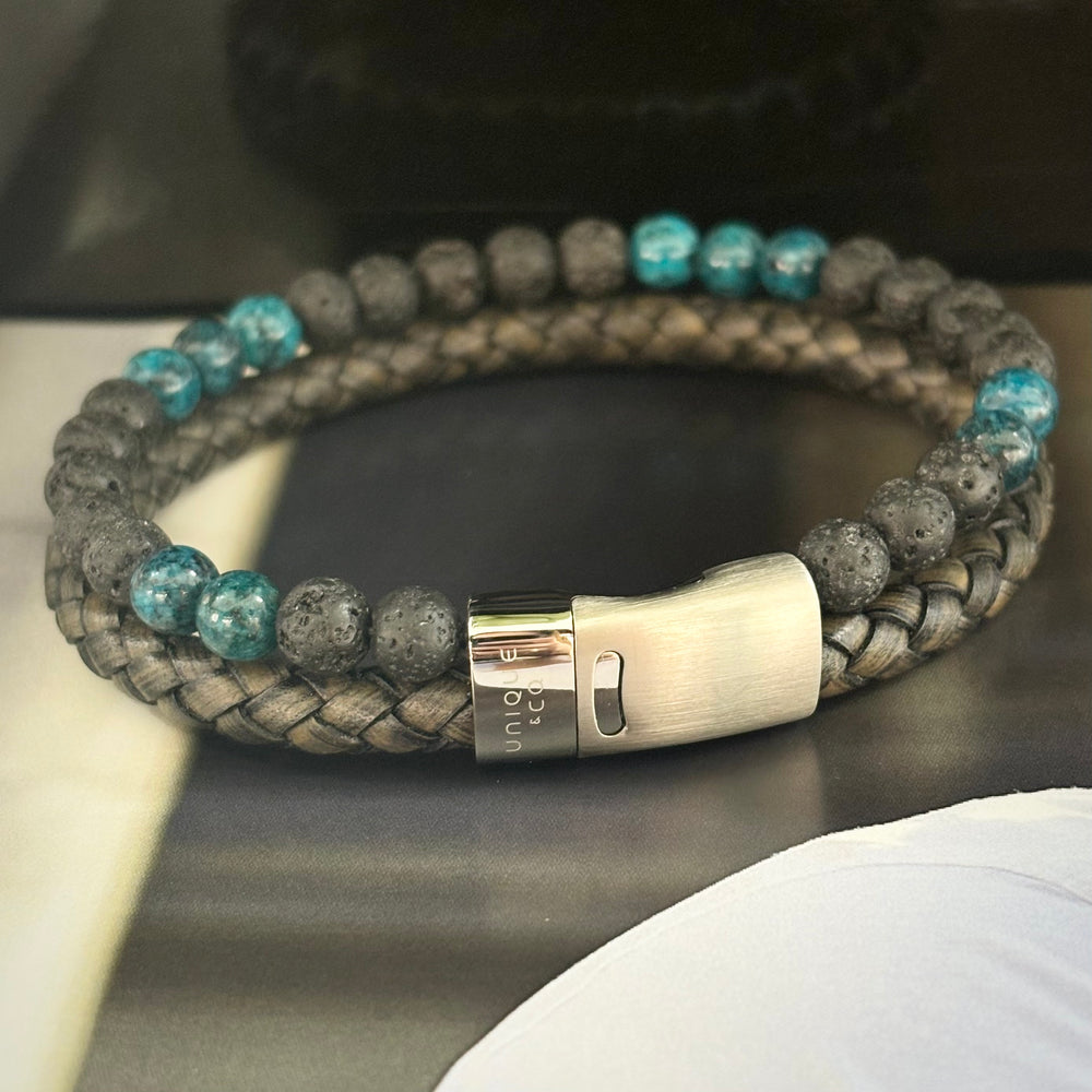 Unique & Co | Double Bracelet With Black Leather, Lava Stones and Turquoise Beads