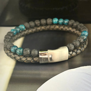 Unique & Co | Double Bracelet With Black Leather, Lava Stones and Turquoise Beads