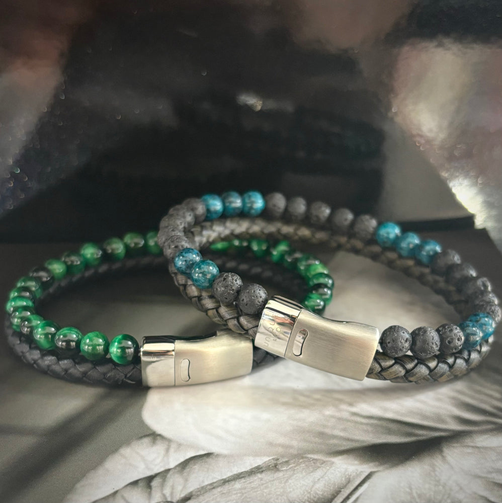 Unique & Co | Double Bracelet With Black Leather, Lava Stones and Turquoise Beads