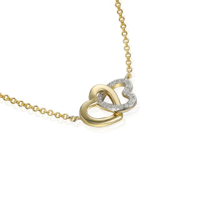 9ct Yellow Gold Diamond Two Heart Pendant and Chain