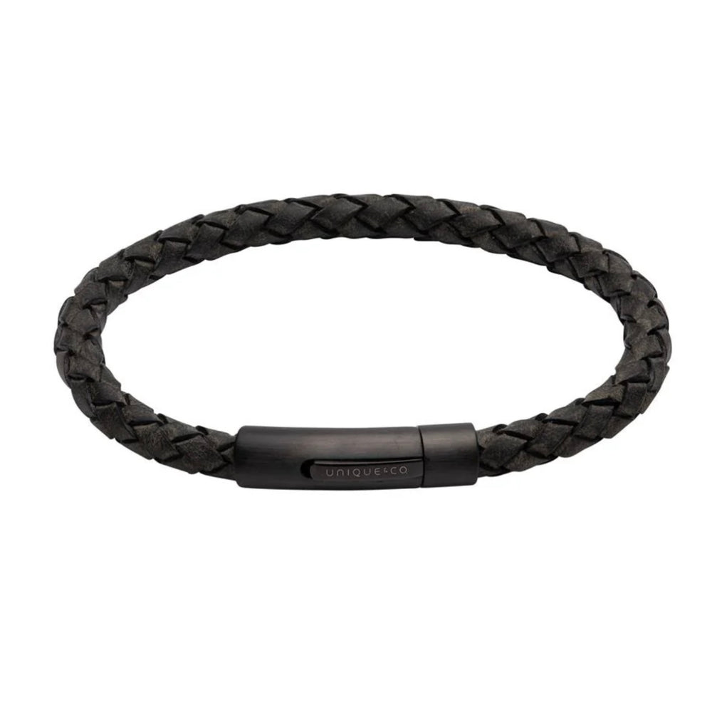 Unique & Co | Black Leather Bracelet With Matte Black IP Plating