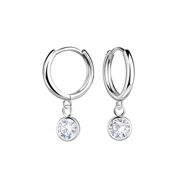 Sterling Silver 6mm CZ Charm 13mm Hinged Hoop Earrings