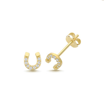9ct Yellow Gold CZ Horseshoe Stud Earrings
