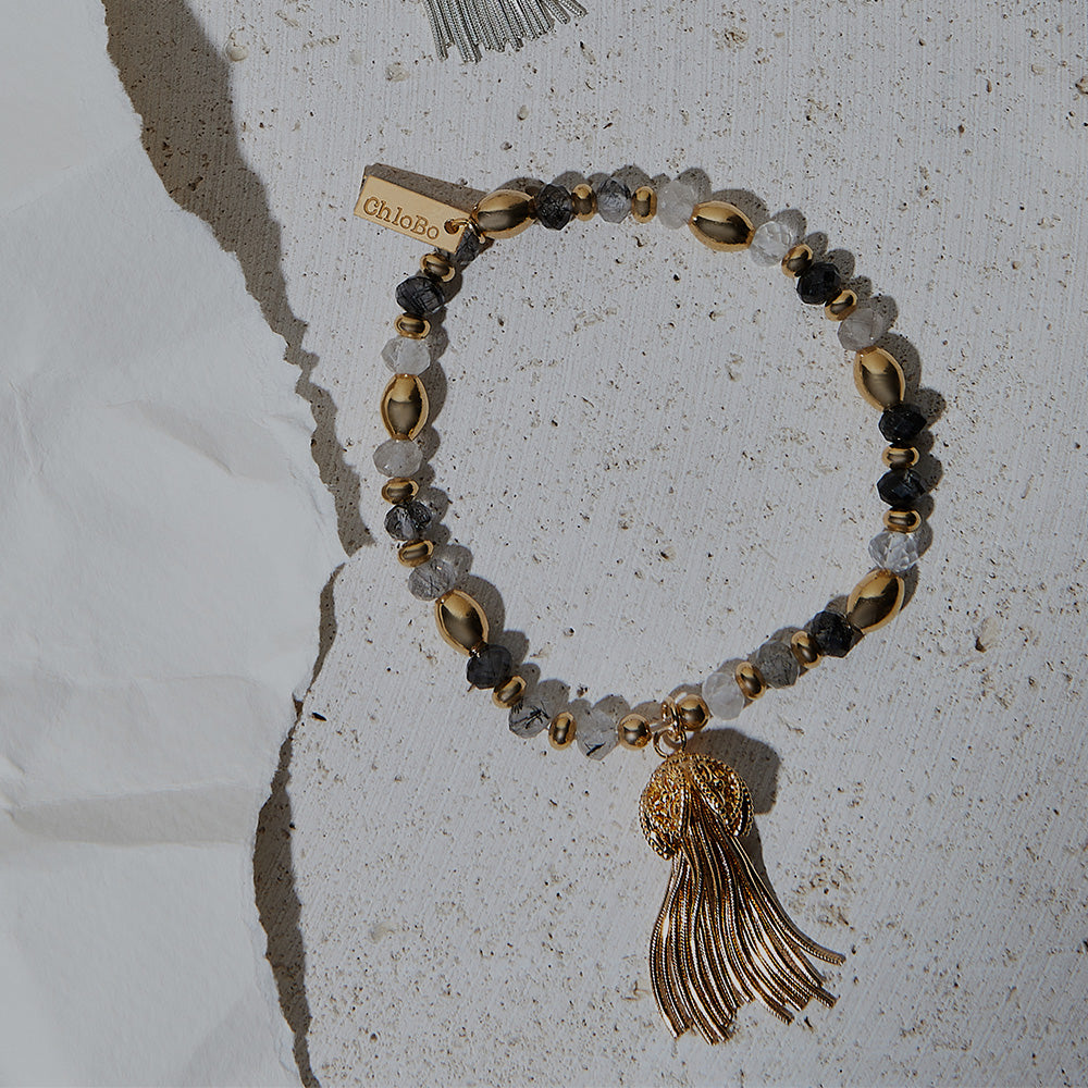 ChloBo | Gold Tassel Of Joy Black Rutilated Quartz Bracelet