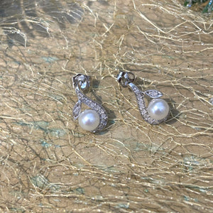 9ct White Gold Diamond and Pearl Drop Earrings