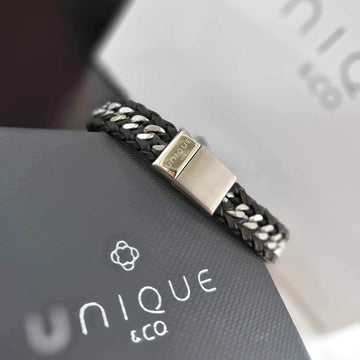 Unique & Co | Black Leather Bracelet, Braided Leather Edge with Magnetic Clasp