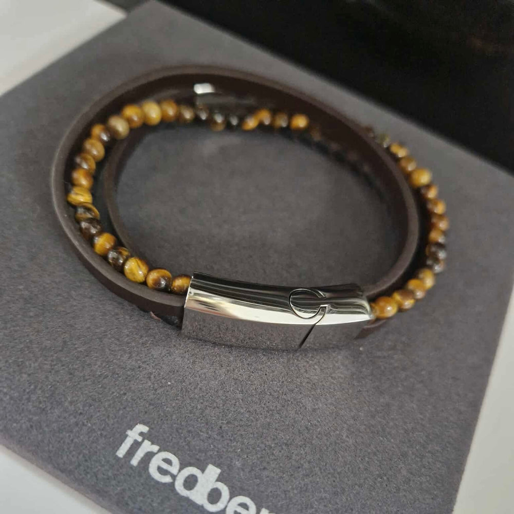 Fred Bennett | Multi Row Brown Leather and Tigers Eye Bracelet with ID Bar