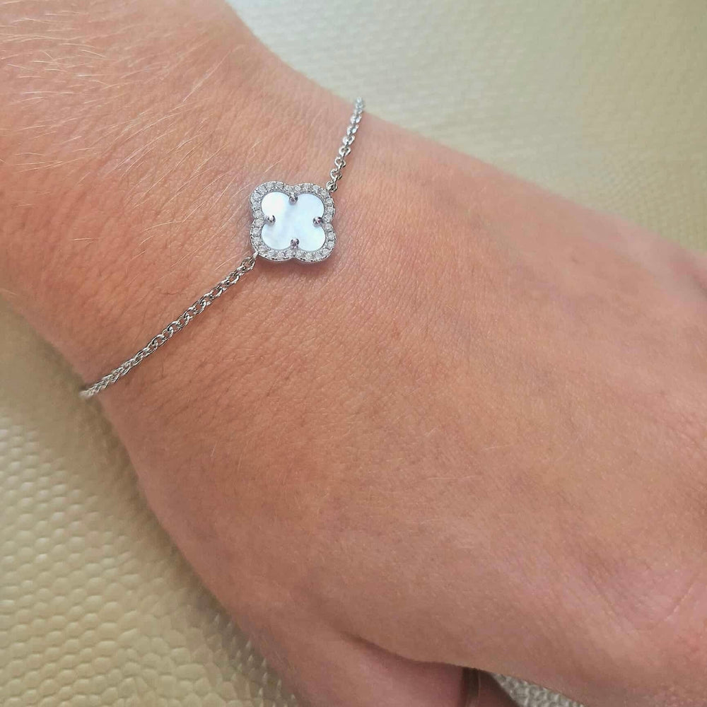 Sterling Silver CZ Mother Of Pearl Clover Bracelet