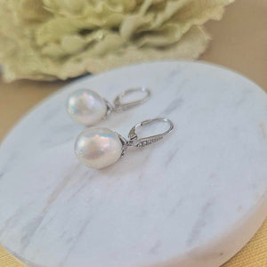 9ct White Gold Baroque Pearl and White Topaz Drop Earrings
