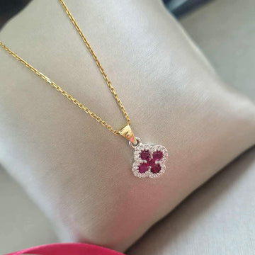 18ct Yellow Gold Ruby & Diamond Clover Pendant and Chain
