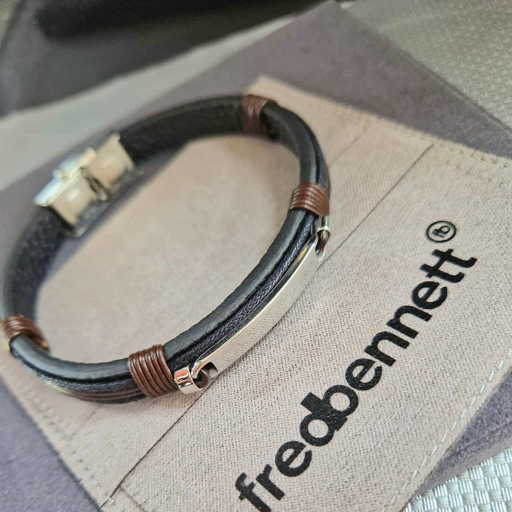 Fred Bennett | ID Bar Black Leather Bracelet With Brown Cord Detail